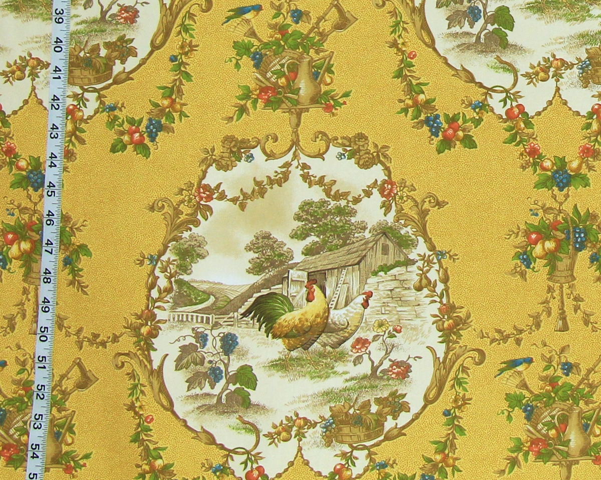 P.Kaufmann County Fair - Yellow Chicken toile fabric French country Rooster Second